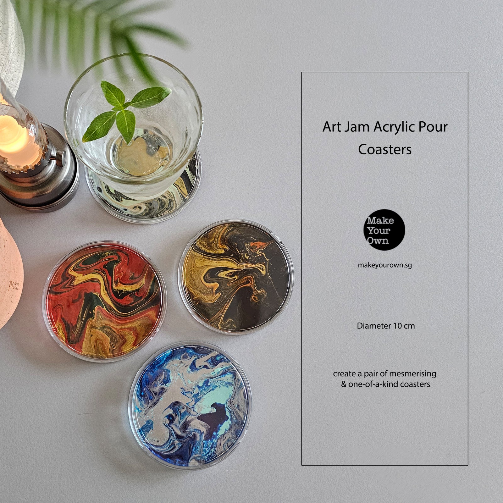 art jam acrylic pour coasters corporate workshop Singapore mental wellness mindful