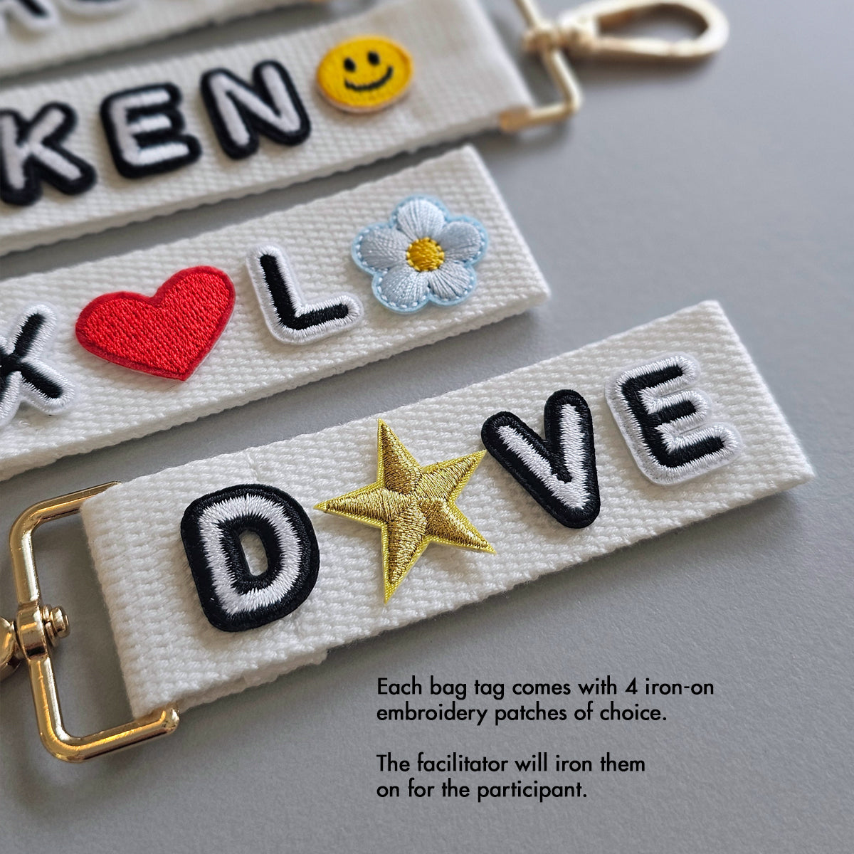 make your own event booth fringe activity name alphabet bag tag charm embroidery patches customise your own Singapore