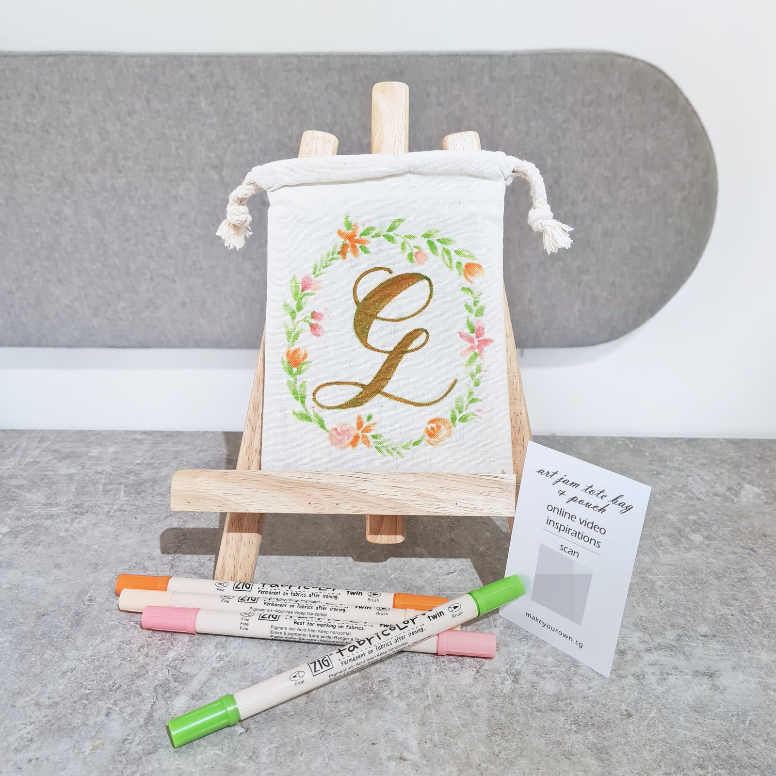 faux calligraphy lettering floral wreath art jam fabric marker brush pouch workshop singapore diy kit